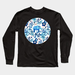 Blush Pink, White and Blue Elephant and Floral Watercolor Pattern Long Sleeve T-Shirt